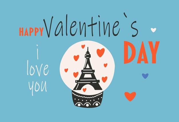 Vector estampa de tarjeta para el día de san valentín 14 de febrero tarjetas dibujadas a mano con capa de vidrio con texto de corazón de la torre eiffel.