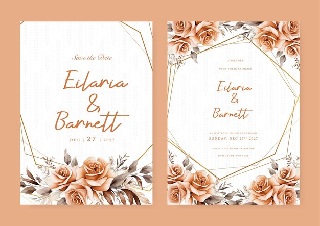 Estampa de tarjeta de invitación de boda elegante de rosa rústica beige y marrón con acuarela floral y hojas