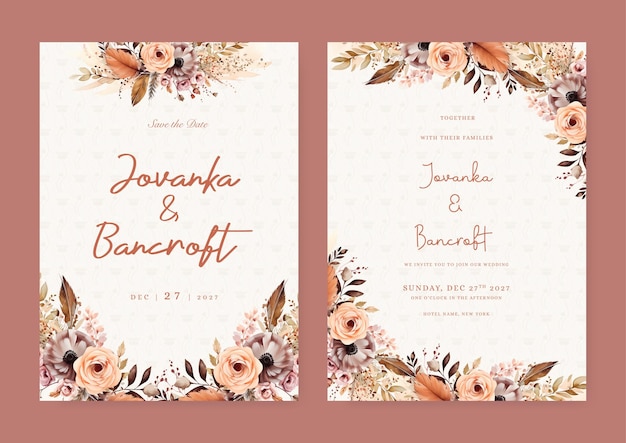 Estampa de tarjeta de invitación de boda de melocotón beige y marrón, amapola y rosa con vector de textura de acuarela floral y floral