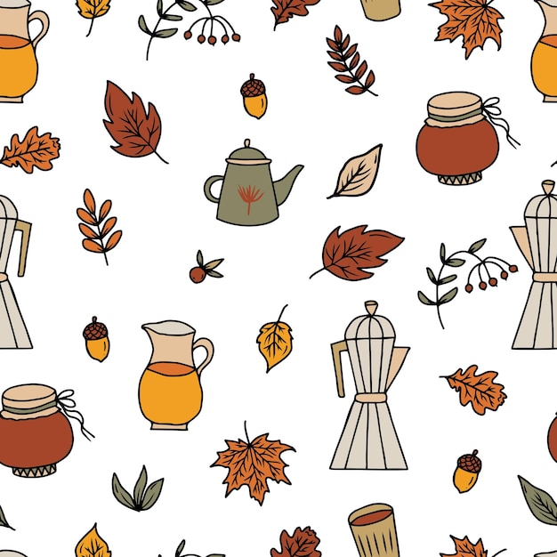 Estampado acogedor de patrones sin fisuras vectoriales con café y té en otoño Juego de calentamiento para el otoño con cafetera y jarra con bebidas otoñales y hojas caídas