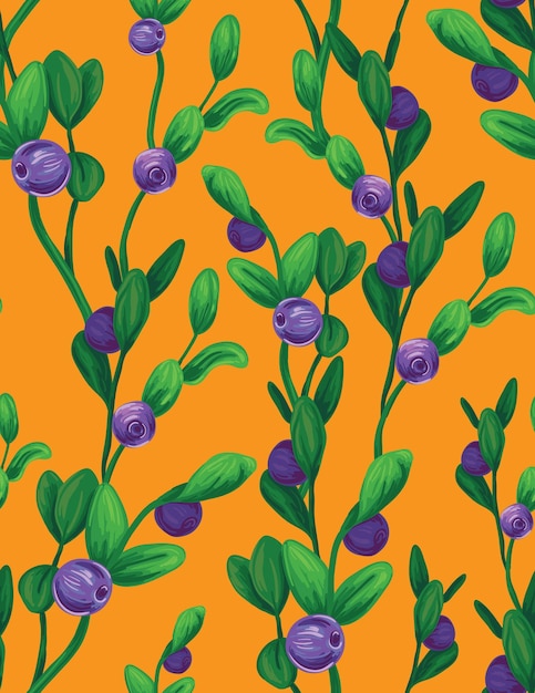 Estampado botánico de verano sin costuras con hojas de arándanos en las ramas Fondo botánico brillante con bayas dibujadas a mano ramita en un campo amarillo Ilustración vectorial
