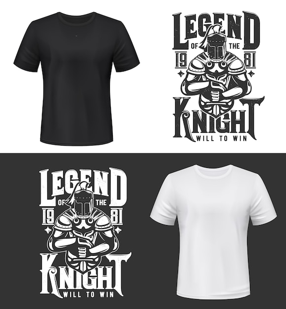 Vector estampado de camiseta con caballero y espada, mascota guerrera medieval en casco, capa y armadura. diseño de ropa monocromática con tipografía legend knight, estampado de camiseta aislado, emblema o etiqueta