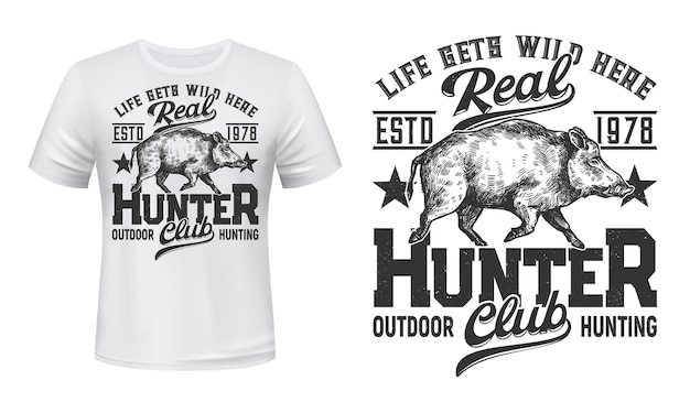 Vector estampado de camiseta con mascota de jabalí para club de caza