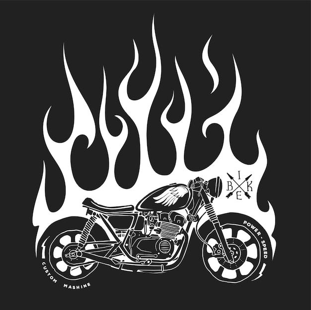 Estampado de camiseta de moto y fuego.