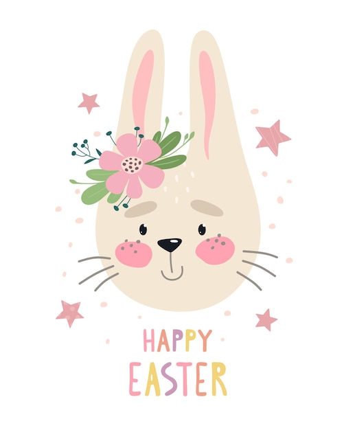 Estampado de conejo alegre y lindo con las palabras felices pascuas. ilustración plana.