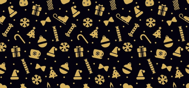 Estampado sin costuras de Navidad con adornos dorados en fondo oscuro Estampa elegante de Navidad