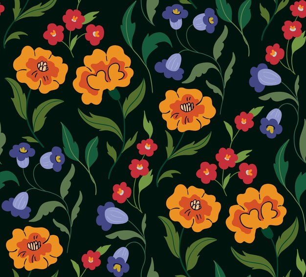 Estampado floral al estilo de la pintura rusa Patrón sin costuras con flores silvestres brillantes Fondo oscuro Vector