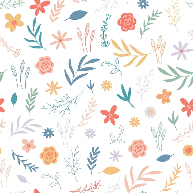 Estampado floral con hierbas primaverales, flores y hojas. Fondo rústico natural botánico. Floración