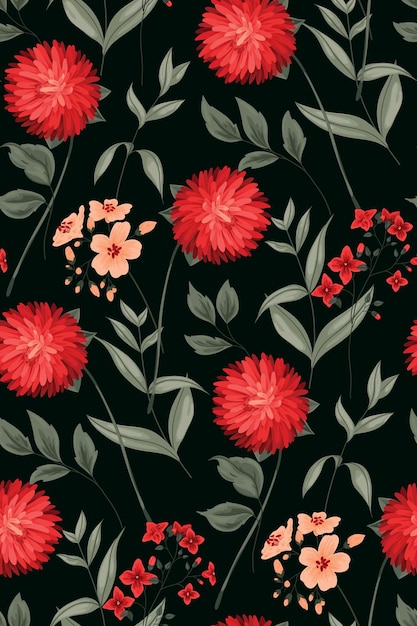 Estampado floral oscuro y romántico con exuberantes flores rojas y rosas aster y varias hojas Patrón sin costuras con flores dibujadas a mano y hojas sobre un fondo oscuro Ilustración vectorial