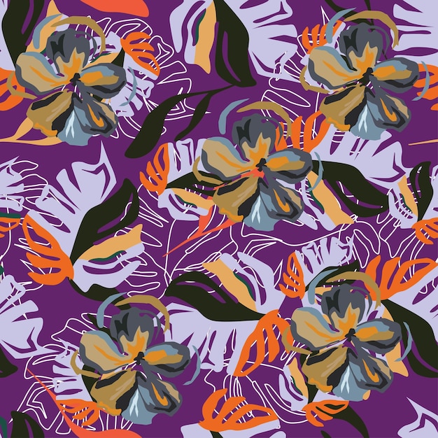 un estampado floral púrpura y blanco con flores de naranja
