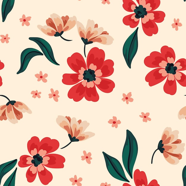 Estampado floral romántico con una composición simple fondo botánico romántico de patrones sin fisuras con flores rojas que caen pequeñas flores rosadas hojas ilustración vectorial