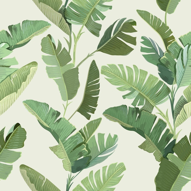Estampado floral tropical transparente con hojas de palmera de plátano de selva verde exótica sobre fondo beige. plantilla de papel tapiz de plantas silvestres de la selva, adorno textil natural, diseño de tela. ilustración vectorial