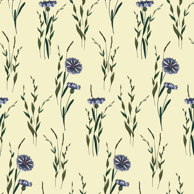 Estampado floral vintage con plantas silvestres y de pradera. Patrón sin fisuras con aciano y diferentes hierbas. Pequeños racimos de plantas se ubican libremente en el espacio. Vector.