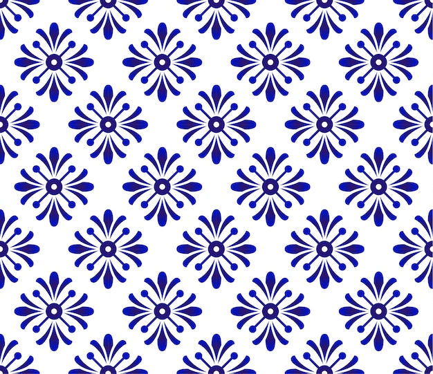 Estampado de flores azul y blanco, fondo de cerámica, diseño de porcelana, decoración de papel tapiz vecto