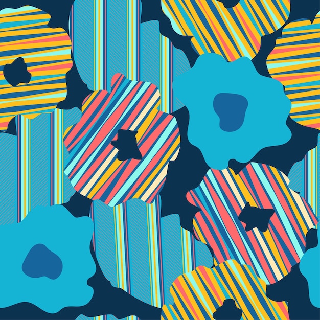 Estampado de fondo floral de colores con patrón sin costuras de rayas adornadas con líneas de rayas vectoriales