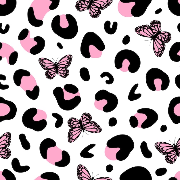 Estampado de leopardo con mariposa patrón de pata de gato con mariposas rosas patrón transparente de vector de leopardo