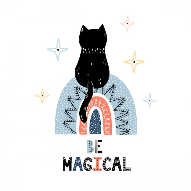 Sé un estampado mágico con un lindo gato negro sentado en un arcoiris. impresión cósmica de moda para niños