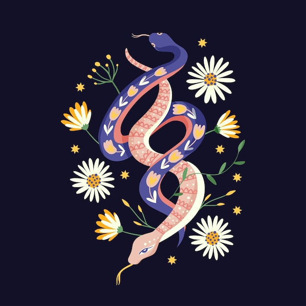 Vector estampado mágico de serpientes y flores