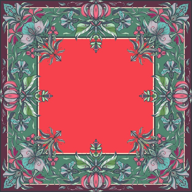 Estampado de mantón colorido vectorial con un hermoso patrón floral dibujado a mano