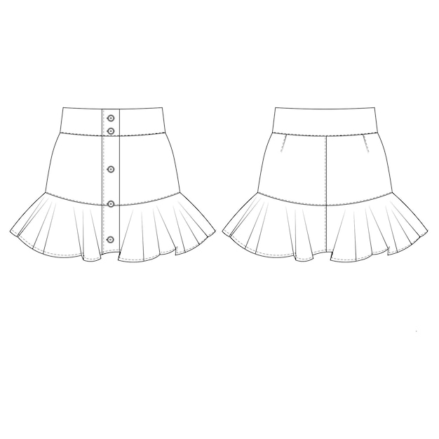 estampado de mini falda corta abotonada con voladizos estampado técnico dibujo plano boceto cad maqueta de moda
