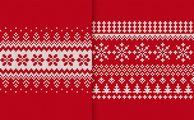 Estampado de punto navideño con árbol y copos de nieve Xmas borde geométrico suéter de fondo rojo