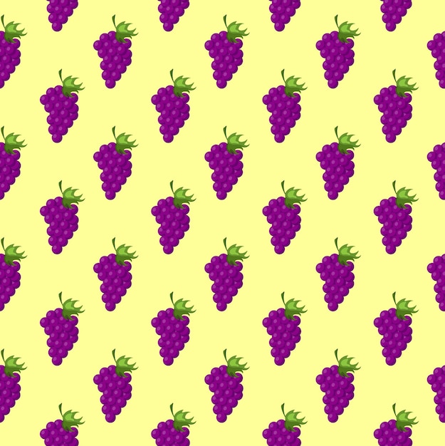 Estampado de tarjetas de regalo de papel de embalaje con patrón plano sin costuras de uvas y frutas sobre fondo amarillo