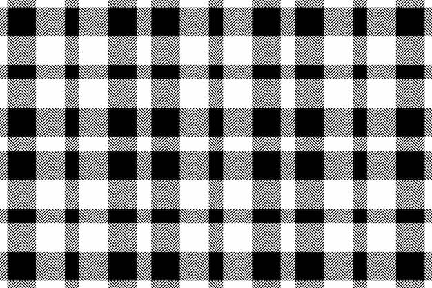 Estampado vectorial de tela textil de textura con un fondo de tartán de cheque sin costura en colores blanco y negro