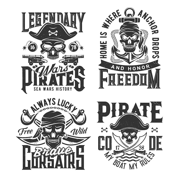 Estampados de camiseta de calaveras de piratas o bucaneros Plantilla de vector de impresión personalizada de ropa con calaveras de filibustero o corsario en sombrero tricorne y bandana cruzó cañones de sables piratas y ancla de granadas