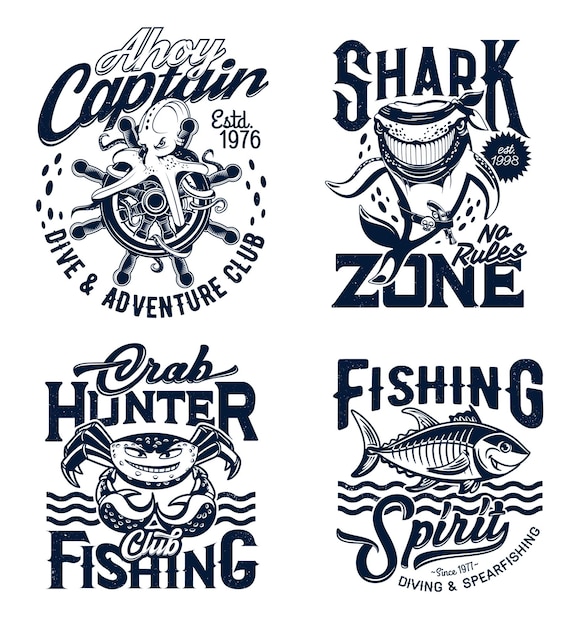 Vector estampados de camisetas con mascotas de animales submarinos.