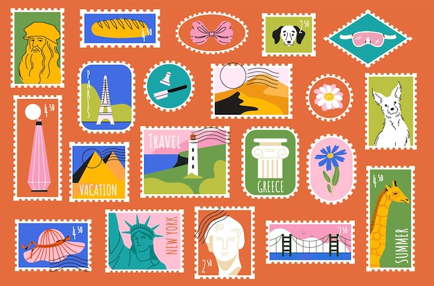 Estampilla de sticker de viaje Etiqueta de tarjeta postal vintage Estampillas postales retro con puntos de referencia del país Estampillas de correo postal con arquitectura famosa para el diseño de viajes Colección vectorial