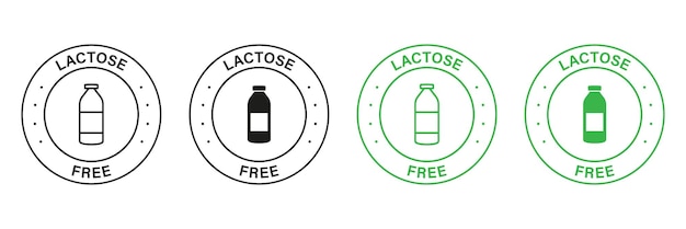 Estampilla verde y negra sin lactosa Set de productos lácteos libres al 100 por ciento Icono de alimentos alergenos Etiqueta de ingredientes