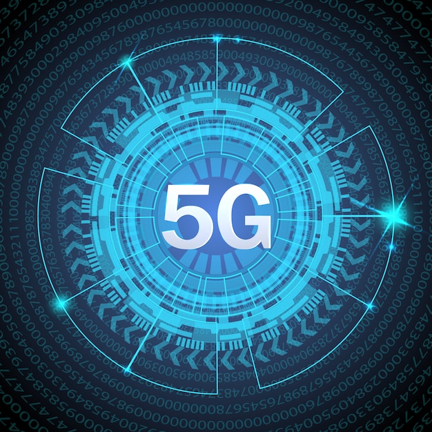 Estándar 5G de tecnología moderna de transmisión de señal. 5G nueva conexión inalámbrica a internet wifi. Números de flujo de código binario de datos grandes.