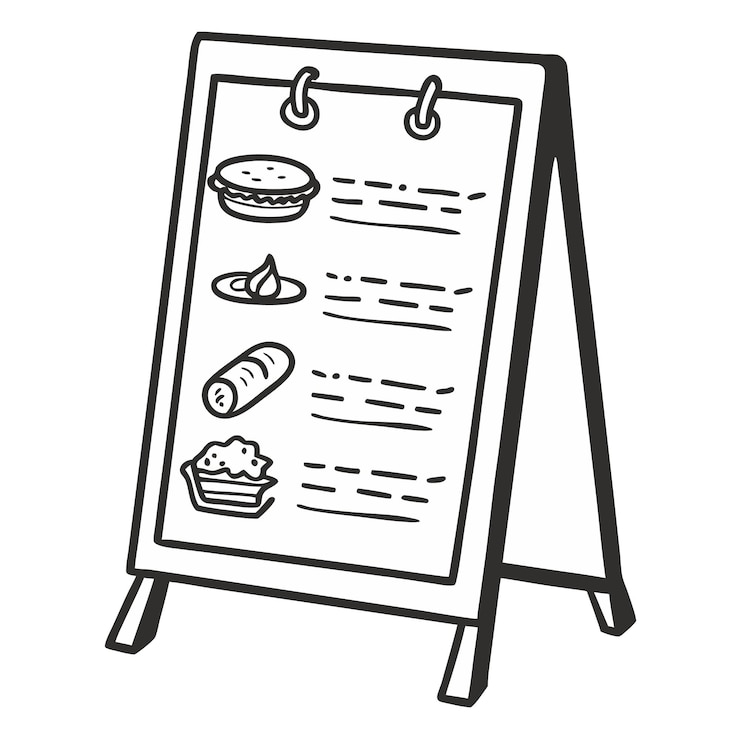 Vector estándar de menú de estilo pizarra con íconos de alimentos dibujados a mano para cafés y restaurantes