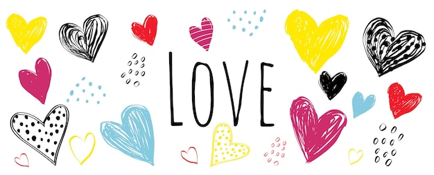 estandarte conjunto de corazones amor garabateado dibujado con colores amor colorido