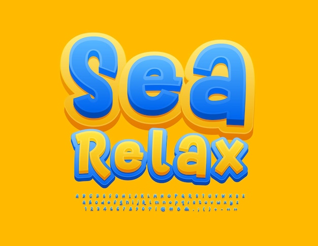 Vector estandarte creativo vectorial mar relax azul y amarillo brillante fuente juguetona letras del alfabeto conjunto de números
