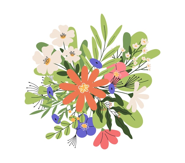 Estandarte decorativo con flores Insignia de ramo floral de flores silvestres y de jardín Ramas y hojas de flores aisladas diseño gráfico de naturaleza vectorial