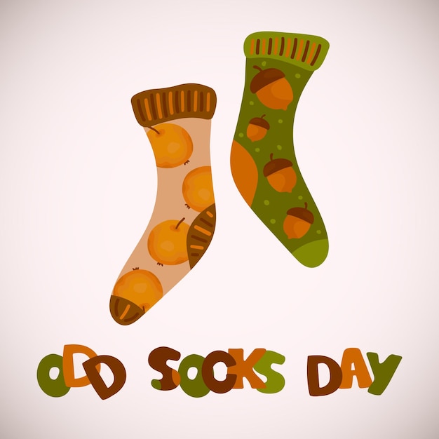 Estandarte del día de los calcetines extraños un par de calcetines con diferentes patrones lindos con bellotas y manzanas