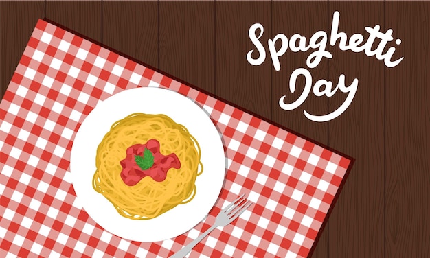 Estandarte del Día del Espagueti Estandarte de texto escrito a mano con un plano de tenedor de espagueti y un mantel rojo