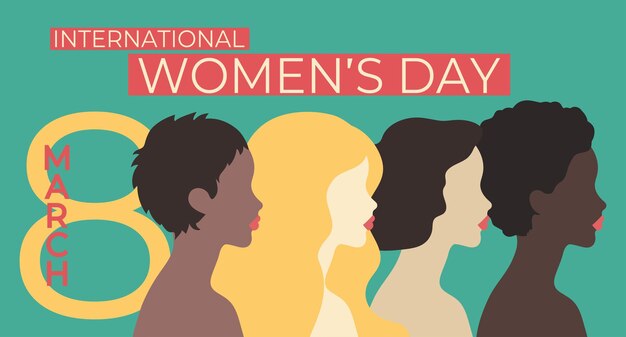 Estandarte del Día Internacional de la Mujer en estilo retro con perfiles de mujeres de diferentes nacionalidades