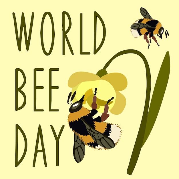 Vector un estandarte para el día mundial de las abejas con bonitas abejas realistas que se arrastran en flores plantilla vectorial simple