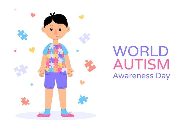 Estandarte del Día Mundial de Concienciación sobre el Autismo con un niño con una camiseta de rompecabezas