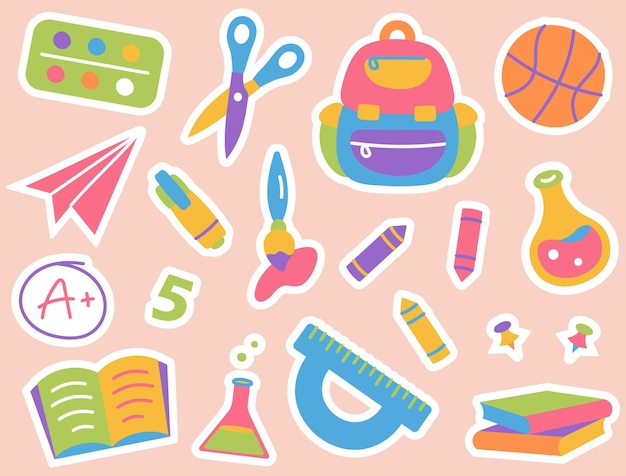 Estandarte escolar con suministros Conjunto de suministros escolares Ilustración plana vectorial en estilo dibujado a mano C