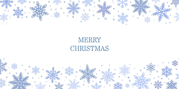 Estandarte de felicitación de Feliz Navidad con bordes de copos de nieve blanco y azul vector de fondo de invierno