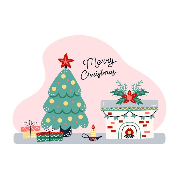 Estandarte de Feliz Navidad con árbol y chimenea Tarjeta de felicitación en fondo rosa Estandarte navideño y de Año Nuevo Ilustración vectorial
