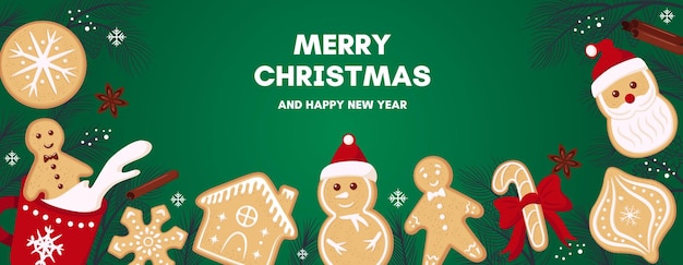 Estandarte de Feliz Navidad Galletas de pan de jengibre Ilustración linda de galletas de Navidad decoradas