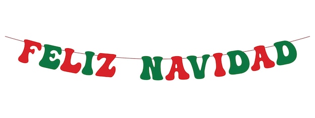 Estandarte de Feliz Navidad letras grandes verdes y rojas colgadas en una cuerda elemento vectorial decorativo panorámico