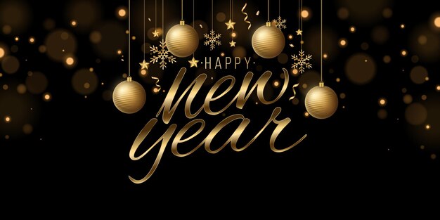 Estandarte festivo para Feliz Año Nuevo Letras doradas con decoraciones de estrellas 3D copos de nieve bolas y confeti con luces bokeh Diseño de portadas de vacaciones Ilustración vectorial