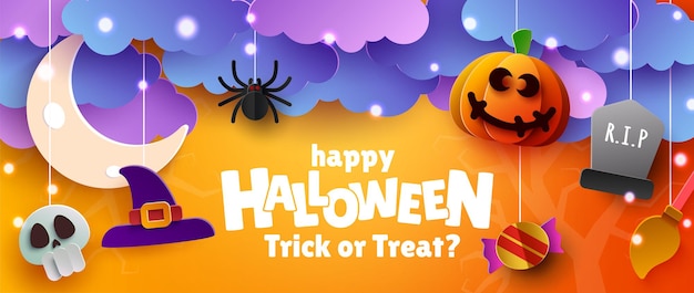 Estandarte festivo de Halloween con calabazas, sombreros de brujas y nubes Ilustración vectorial