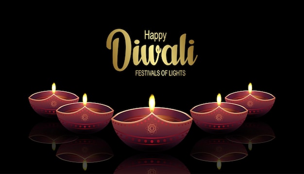Estandarte festivo con lámparas del día de Diwali, diseño negro, festival de luces hindú hindú Deepavali