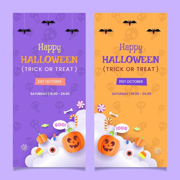 Estandarte de fiesta vertical truco o regalo de Halloween con elementos de diseño de calabaza y murciélago estilo de corte de papel
